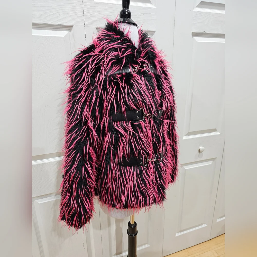 ~SOLD~ Dolls Kill Goth Widow Run From Suburbia Black Pink Fur Buckle Coat Jacket - Picture 4 of 6